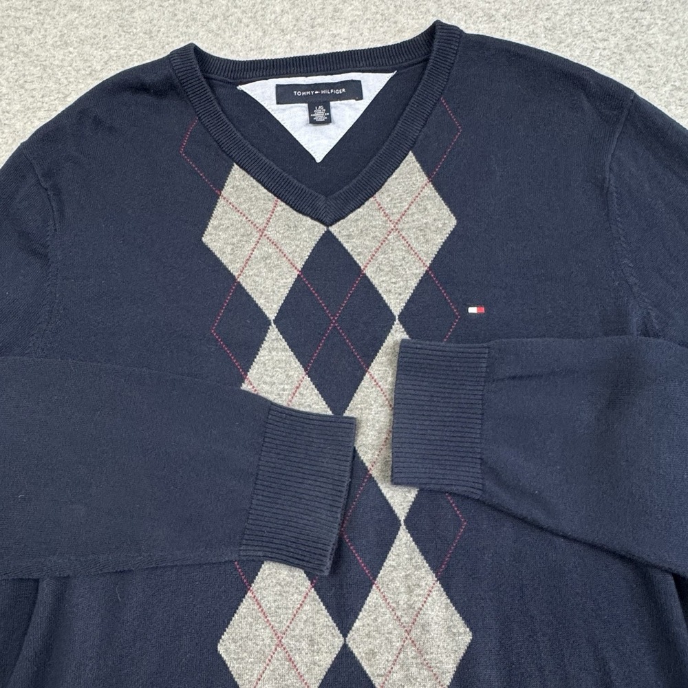 Tommy Hilfiger Argyle Sweater Men Large Golf Style Classic V-Neck Preppy School